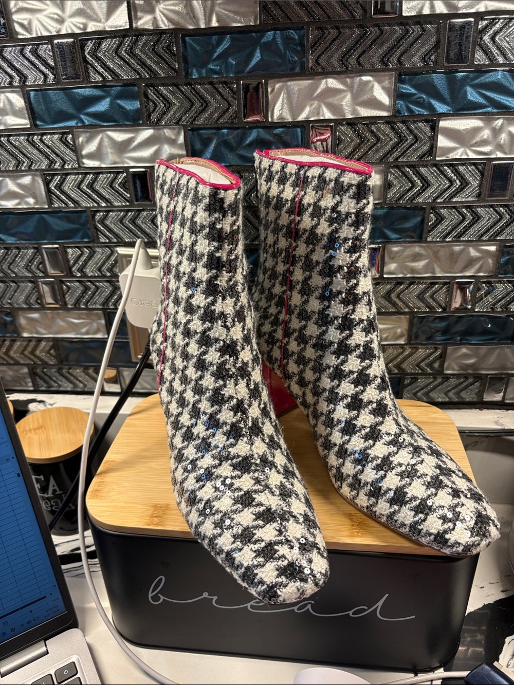 Betsey Johnson Black & White Houndstooth Sequin Ankle Boots with Pink Trim